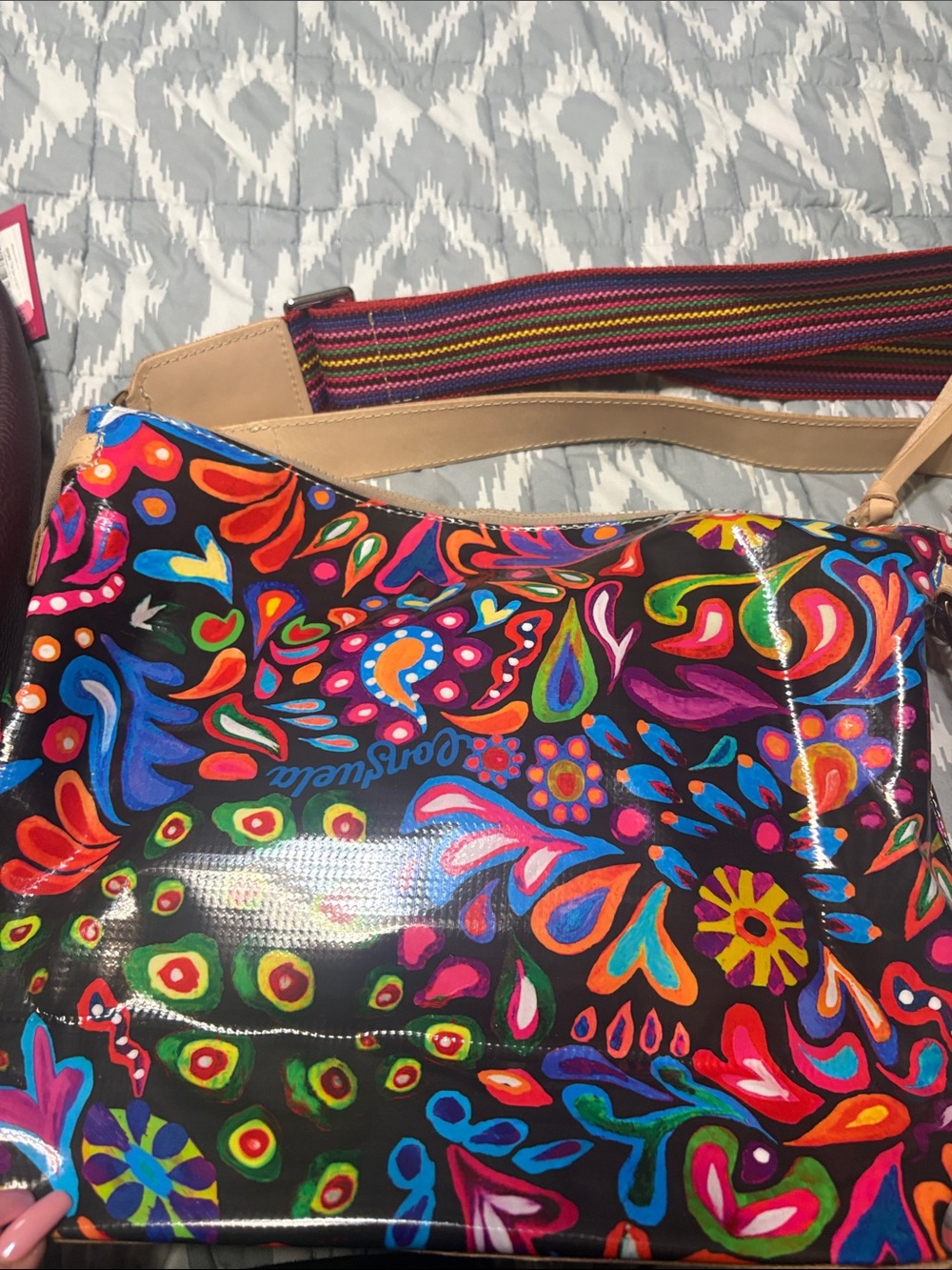 Vibrant Multicolor Floral Patent Crossbody Bag with Adjustable Strap